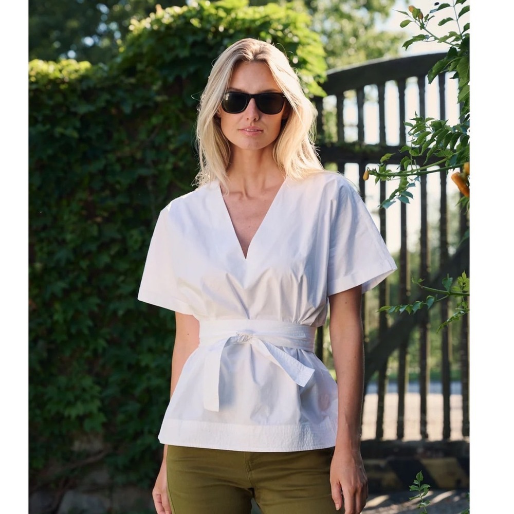 Julia Amory White Cotton Poplin V-Neck Belted Wrap Top XL Peplum Fall Designer